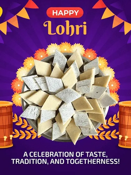 Lohri celebrations are made sweeter with my Kaju Katli. This image shows a plate full of the classic sweet, set against a festive background with dhol drums, capturing the spirit of the celebration.