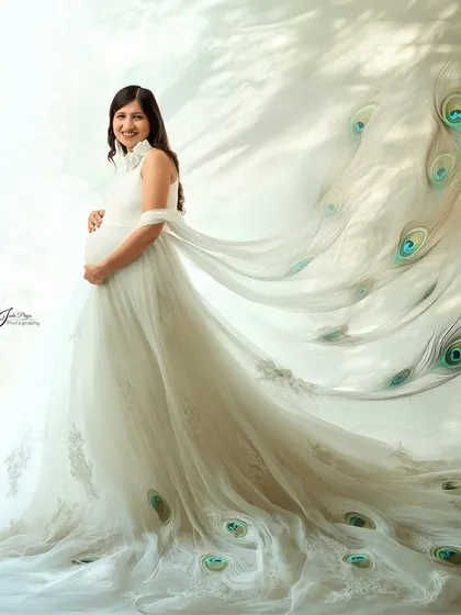 An ethereal, high-key portrait. The expecting mother is dressed in a white gown with a stunning peacock feather train, backlit by a window for a soft, glowing effect.