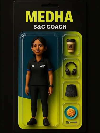 The action figure for Coach Medha, complete with her coffee, headphones, and healthy food. This highlights her role and personality within the RSF coaching lineup.