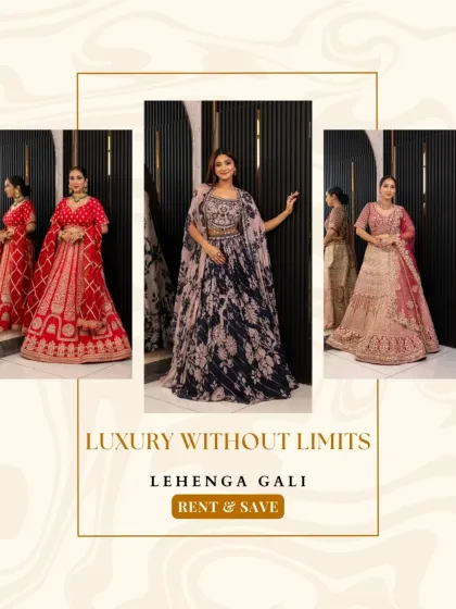 Luxury without limits. This image showcases a classic red bridal lehenga, a modern printed gown, and a delicate pink embroidered piece, all available to rent.