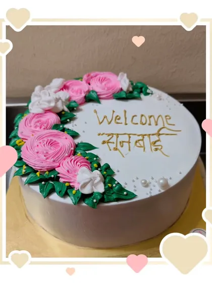 Swag se karenge sabka swagat! A beautiful floral cake to welcome the new 'sunbai' (daughter-in-law) into the family.