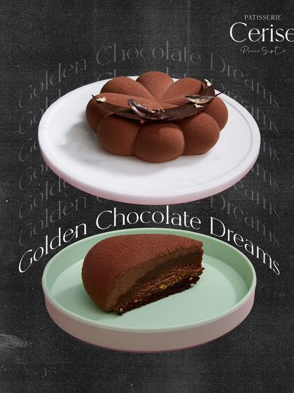 Golden Chocolate Dreams. This image showcases both the whole mini entremet and its perfectly layered interior, revealing the silken richness and delicate crisp of the cocoa and hazelnut.