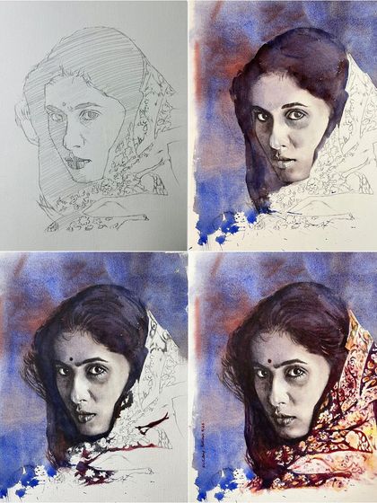 A four-panel grid showing the process of the Smita Patil portrait, from sketch to the final colored painting.