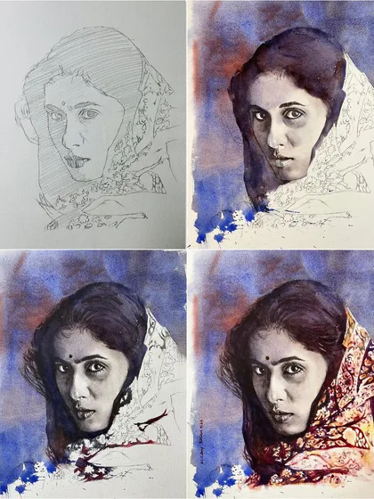 A step-by-step progression of the Smita Patil portrait, from sketch to final rendering.