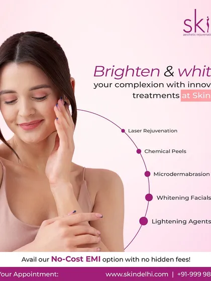 I use a variety of innovative treatments to brighten and even out your complexion. This graphic lists some of my methods, including laser rejuvenation, chemical peels, and specialized whitening facials.