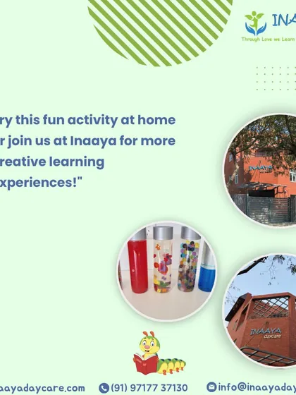 A promotional graphic inviting parents to try a fun sensory bottle activity at home or to join us at Inaaya for more creative learning experiences.
