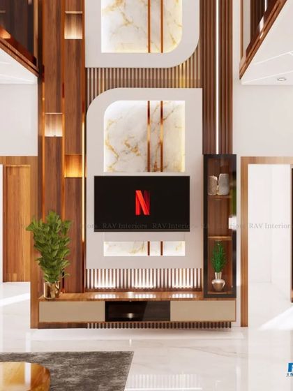 This TV unit design features a unique curved form, blending a marble-finish back panel with vertical wooden slats and integrated shelving.