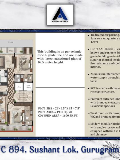 The floor plan for our C-894 project, designed as per seismic zone 4 guidelines. It details the plot area of 1937 sq. yd. and a covered area of 1600 sq. ft.