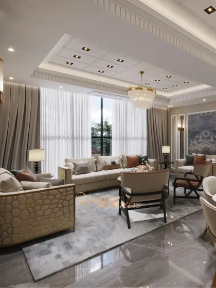 This view highlights the grand scale of the room, with high ceilings and large windows draped in elegant curtains, enhancing the sense of luxury and space.