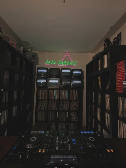 The 'Acid Garden' studio setup at Touch The Wood Radio. I love the vibe of a room filled with records and gear. It's the perfect environment to get in the zone and record a set.