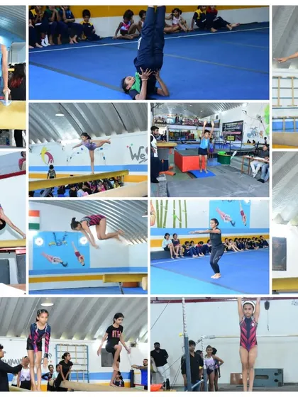 A fantastic collage of our gymnasts in action across different apparatuses like the vault, bars, and beam during our inter-club competition.