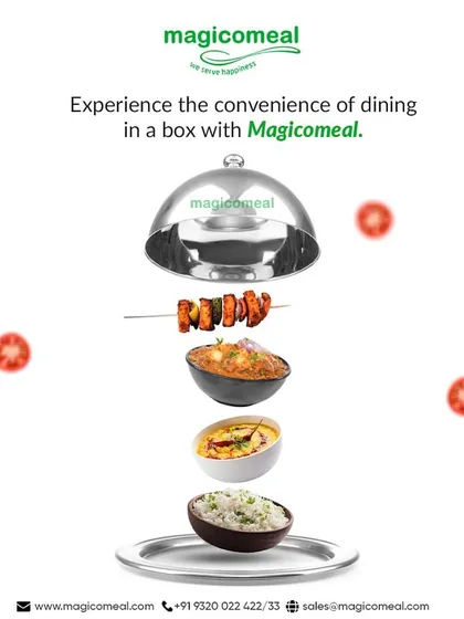 Experience the convenience of dining in a box. This creative graphic shows the components of a delicious meal coming together, representing our easy and elegant packed meal service.