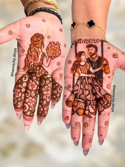 A beautiful example of storytelling through henna. This design features a detailed portrait of the couple on one hand and the bride holding her bouquet on the other, capturing a special moment.
