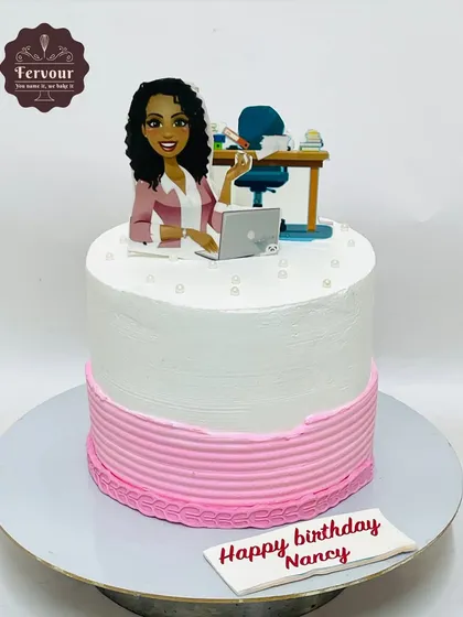 A cake for a corporate admin, featuring a simple and professional design. This vanilla strawberry cake is frosted with whipped cream and has a clean, elegant look.