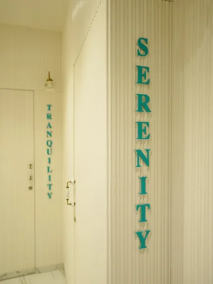 The words "Serenity" and "Tranquility" on our treatment room doors reflect the experience we aim to provide. Your time with us is a peaceful escape dedicated to your well-being.