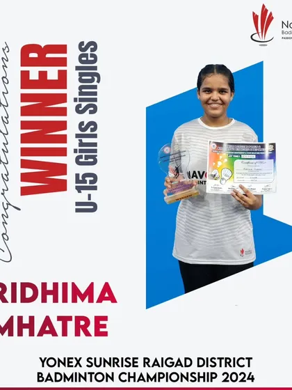 Congratulations to Ridhima Mhatre, winner of the U-15 Girls Singles title at the Yonex Sunrise Raigad District Badminton Championship 2024.