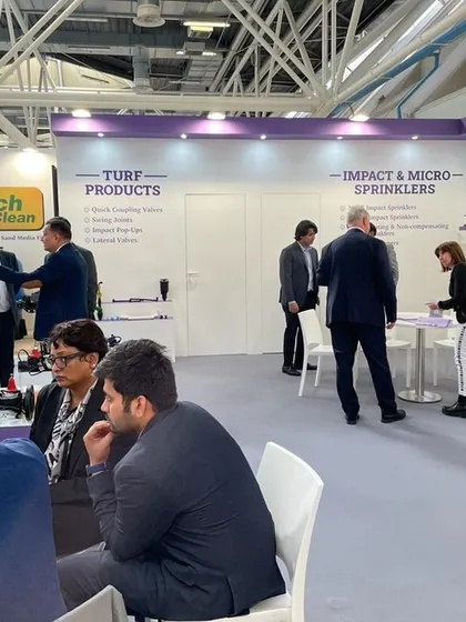 The Automat booth at EIMA International, showcasing our distinct product categories like Turf Products and Impact & Micro-Sprinklers, catering to a diverse agricultural audience.