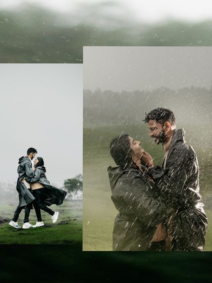 A collage showing the couple running and embracing in raincoats, capturing the joy of finding love in a storm.