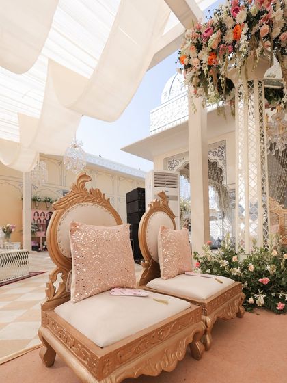 The seating for the bride and groom's family, adorned with beautiful sequined cushions. Textiles are a passion of mine, and finding the perfect fabric and embellishments is always a fun part of the process.