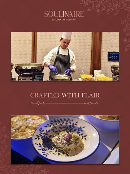 A collage showing a chef crafting a dish with flair at a live station, alongside a beautifully plated pasta. We believe in serving timeless favourites, reimagined.