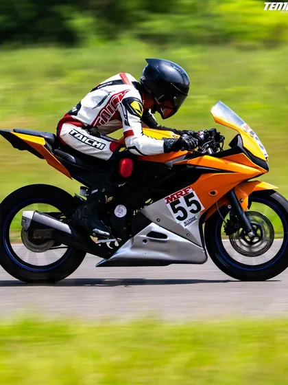 A side profile of Parichay Sharma tucked in on the straight. Aerodynamics and body positioning are key components of our training, helping riders maximize their speed.