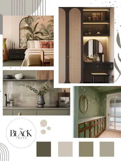 A mood board showcasing a design concept with earthy tones, natural textures, and botanical elements. This is how we begin to visualize the look and feel of a new project.