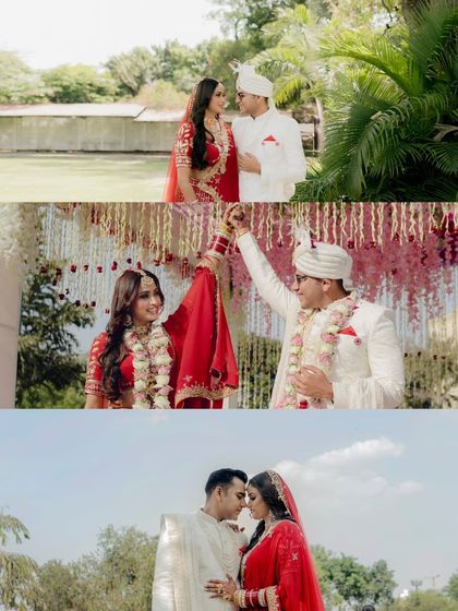 A collage of a beautiful garden wedding, showing the couple's portraits and the emotional Varmala exchange.