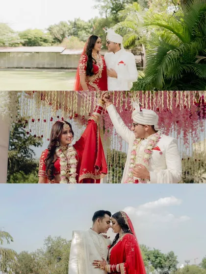 A collage capturing key moments from the wedding day, from outdoor portraits to the emotional rituals of the ceremony.