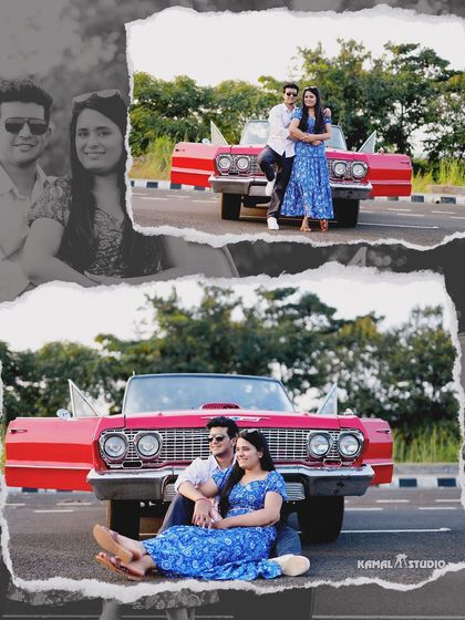 A fun and stylish collage featuring a classic red car on an open road in Goa, perfect for couples with an adventurous spirit.