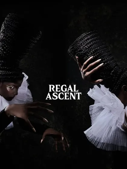 This 'Regal Ascent' spread showcases the dramatic silhouette of the custom hairpiece from multiple angles in a low-key lighting environment.