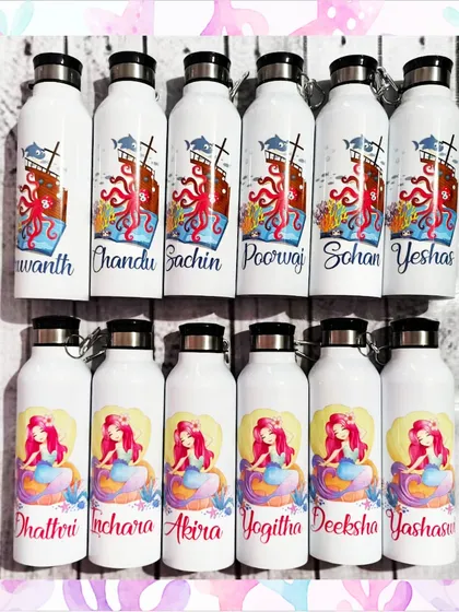 I can create different designs for the same theme. For this mermaid party, I made mermaid-themed bottles for the girls and pirate-themed bottles for the boys, all personalized with their names.