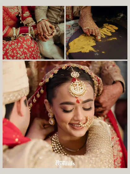 A collage of wedding ceremony details, from the haldi-stained feet to the tying of the mangalsutra. These are the traditions that form the heart of an Indian wedding.