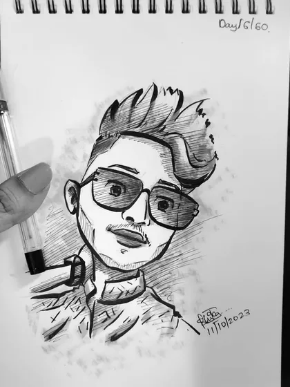 A black and white version of a stylish caricature, highlighting the strong lines in the hair and sunglasses.