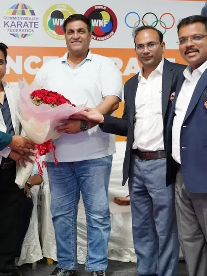 Another moment of felicitation at the inauguration of our Kumite seminar. We believe in honoring everyone who contributes to the growth of karate in India.