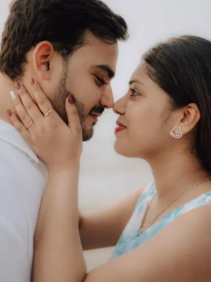 A sweet nose-to-nose moment. This close-up shot of Jayashree and Anand is all about the intimacy and connection shared between them.