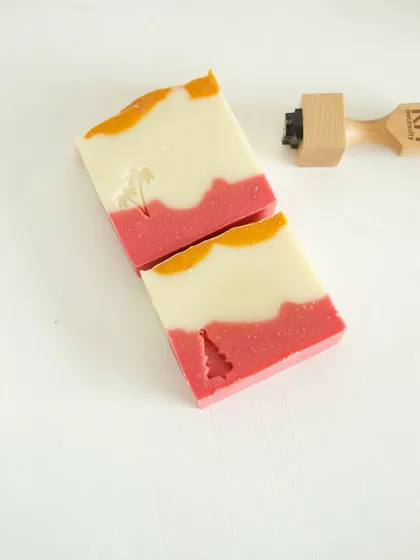 A close-up of the palm tree and Christmas tree stamps on my 'Herbal Revival' soap.