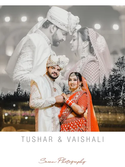 A beautiful wedding album page with a double exposure effect, blending multiple couple portraits.
