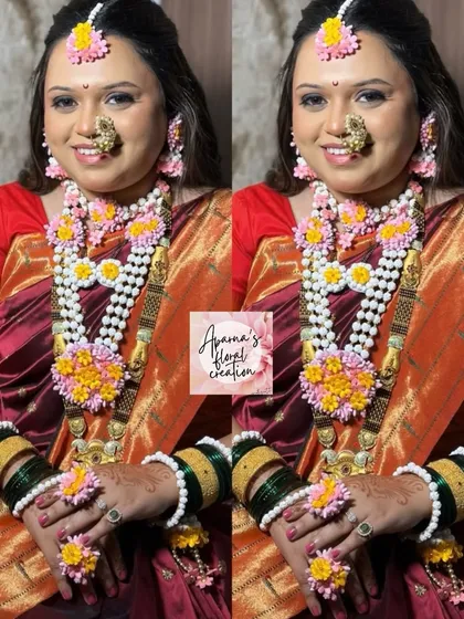 A client wearing a colorful halwa jewellery set, accented with pink and yellow flowers. This is a great way to add a pop of color to the traditional Sankranti look.