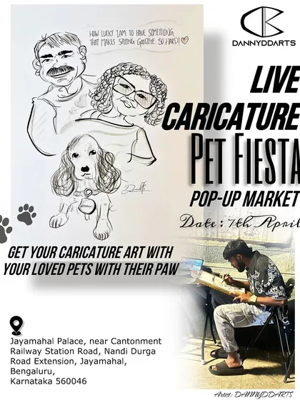 An official flyer for my "Live Caricature Pet Fiesta." I love doing pop-up events where you can get a caricature with your pet on the spot.