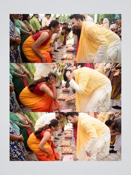 A collage showing a traditional game being played during the pre-wedding festivities. It captures the fun, competitive spirit and laughter shared between the couple.