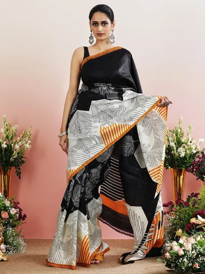 Another full view, showing the elegant drape and the striking graphic print.