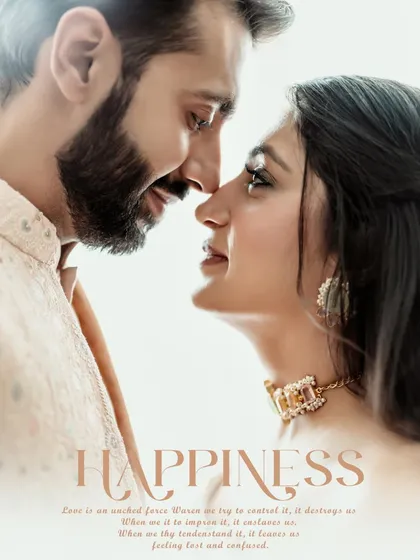 A close-up, artistic portrait of the couple with a "Happiness" overlay, focusing on their deep connection.