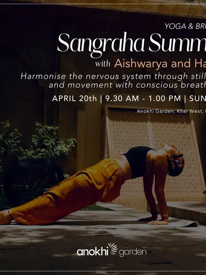Our Sangraha Summer event combines mindful movement with nourishing food. Here, a participant flows through a grounding asana, harmonizing her nervous system before joining the community for a wholesome brunch.
