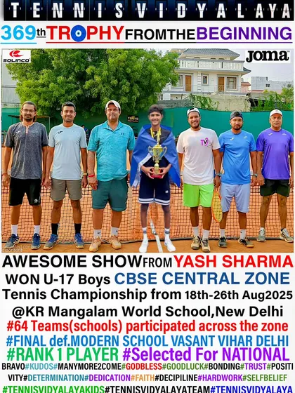 An awesome show from Yash Sharma, winning the U-17 Boys CBSE Central Zone Tennis Championship, where 64 school teams participated.