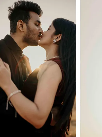 A diptych capturing a kiss and a wider, atmospheric shot. This format allows me to tell a more complete story, showing both the intimate detail and the beautiful setting.