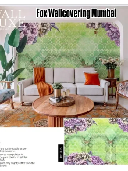 A 'Wall Luxe' design with a green textured background and purple flowers. The color palette is modern and refreshing.