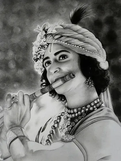 A graphite and charcoal portrait of Krishna playing the flute. This was a Janmashtami special, and I focused on the intricate details of his turban and jewelry.