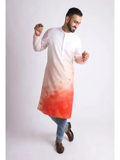 For this hand-dyed kurta, I used a clean white background to make the gradient colors stand out. This type of apparel photography is effective for showing unique, artistic clothing pieces.
