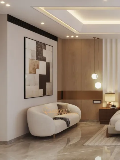 A curved sofa and abstract art add a touch of modern elegance to this spacious bedroom, providing a stylish corner for lounging.