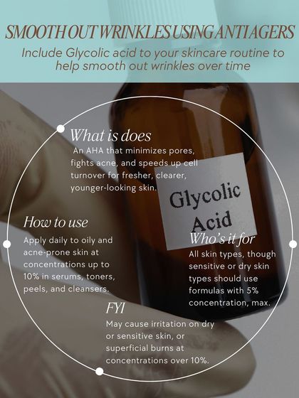 Glycolic Acid, an AHA, is great for minimizing pores, fighting acne, and speeding up cell turnover. It helps smooth out wrinkles over time for fresher, younger-looking skin.